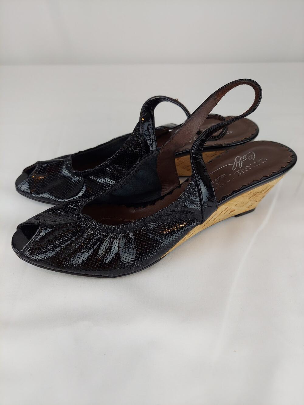 Donald J. Pliner Black Antique Patent Leather Slingback Cork Wedge Heel 6.5 M
